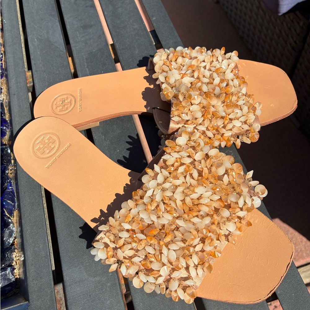 Tory Burch Beaded Slide Sandals in Tan and Cream